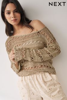 Gold Open Stitch Long Sleeve Top