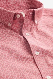 Pink Stretch Oxford Printed Short Sleeve Shirt