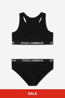 طقم ملابس داخلية أسود بشعار الماركة على حزام الخصر للبنات من Dolce & Gabbana Kids