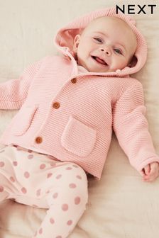 Pale Pink Knitted Baby Ear Hooded Cardigan (0mths-2yrs)