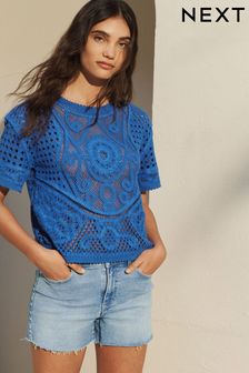 Bright Blue Short Sleeve Crochet Crew Neck T-Shirt