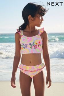 Pink/Green Frill Sleeve Bikini (3-16yrs)