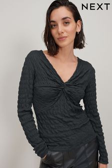 Charcoal Grey Long Sleeve Twist Front Textured Top