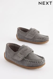 Grey Leather Penny Loafers with Touch and Close Fastening