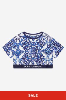 Dolce & Gabbana Kids Girls Majolica Print Cropped T-Shirt in Blue