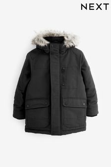 Black Shower Resistant Faux Fur Parka Coat (3-16yrs)