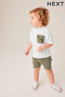 White & Green Utility Pocket T-Shirt and Shorts Set (3mths-7yrs)