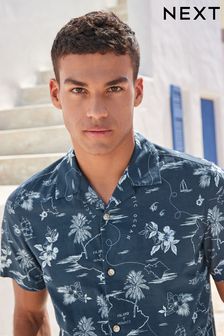 Navy Blue Short Sleeve Hawaiian Print Shirt