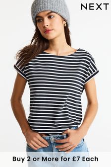 Navy Stripe Round Neck Cap Sleeve T-Shirt