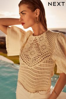 Ecru Cream Crochet Woven Short Sleeve Top