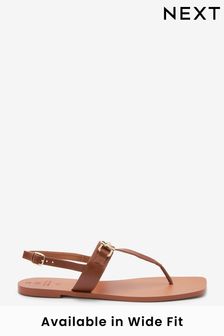 Tan Brown Leather Toe Post Flat Sandals with Metal Detail