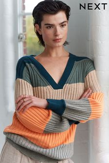 Camel Stripe Ribbed V-Neck Jumper