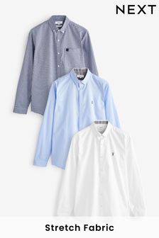 3 Pack White/Blue Next Long Sleeve Stretch Oxford Shirt
