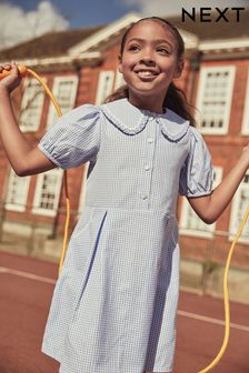 Blue Cotton Rich School Gingham Pretty Collar Dress (3-14yrs)