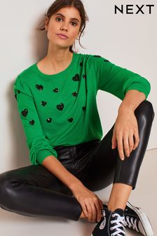 Bright Green with Sequin Hearts Crew Neck Jumper
