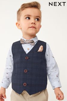 Navy Blue Check Waistcoat Set With Shirt & Bow Tie (3mths-7yrs)