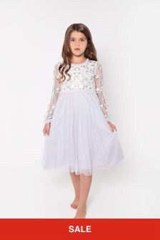 Needle & Thread Girls Camellia Ditsy Bodice Long Sleeve Tulle Dress in Blue