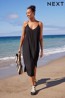 Black Racer Back V-Neck Midi Slip Summer Dress