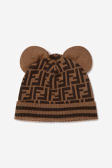 Fendi Kids Baby Wool Beanie Hat With Ears in Brown