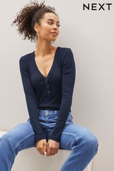 Navy Blue Long Sleeve Ribbed Henley Button Top