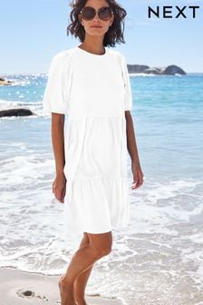 White Cotton Short Puff Sleeve Tiered Mini Dress