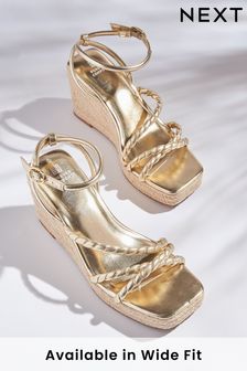 Gold Forever Comfort® Twist Strap Detail Square Toe Wedge Sandals