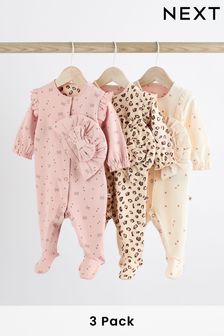 Pink Baby Sleepsuits 3 Pack with Matching Turban (0mths-2yrs)