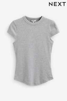 Grey Ribbed Short Sleeve Curved Neck Top