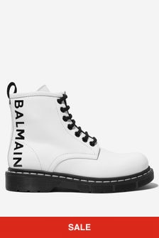 Balmain Kids Leather Lace-Up Boots in White