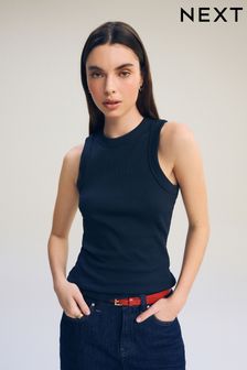 Navy Ribbed Racer Tank Vest Sleeveless Top