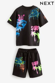 Black Grafitti Graphic Top and Shorts Set (3-16yrs)