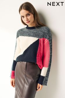 Pink/Navy Blue Colour Block Crew Neck Jumper