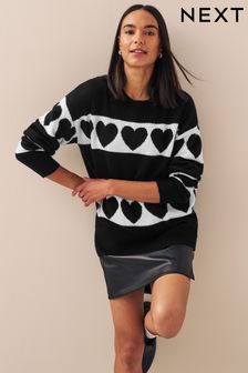 Black/White Heart Stripe Long Sleeve Jumper