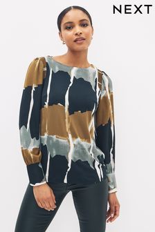 Black/Brown Abstract Print Long Sleeve Crew Neck Cuff Blouse