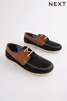 Tan Brown/Navy Blue Leather Boat Shoes
