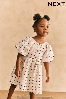 Black/Cream Textured Puff Sleeve Dress (3mths-8yrs)