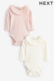Pink/White Long Sleeved Frill Collar Bodysuits 2 Pack