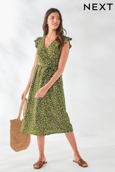 Khaki Green Jersey Wrap Midi Dress