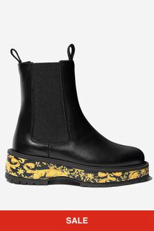 Versace Girls Leather Barocco Chelsea Boots in Black