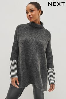 Charcoal Grey Knitted Poncho with Stripe Sleeve