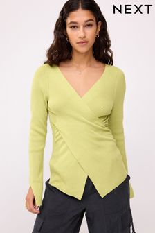Lime Green Wrap Detail Ribbed Jumper