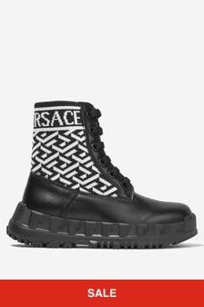 Versace Girls Leather La Greca Lace-Up Boots in Black