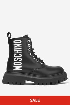 Moschino Kids Girls Leather Maxi Logo Lace Up Boots in Black