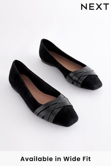 Black Forever Comfort® Leather Square Toe Ballerina Shoes