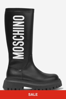 Moschino Kids Girls Leather Maxi Logo Long Boots in Black
