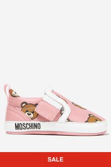 حذاء رياضي جلد وردي دب سهل اللبس للبنات البيبي من Moschino Kids