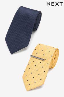 Navy Blue/Yellow Spot Textured Tie With Tie Clip 2 Pack