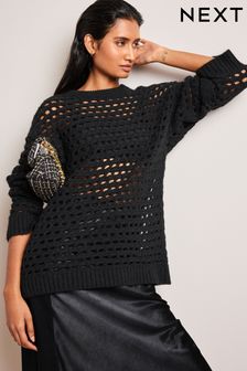 Black Open Stitch Relaxed Jumper