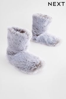 Grey Faux Fur Boot Slippers