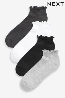 Monochrome Frill Top Cushion Sole Trainer Socks 4 Pack